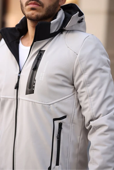 Mero Life Outdoor Kapüşonlu Su Ve Rüzgar Geçirmez Kapitone Içi Kürklü Elyaf Dolgulu Taş Rengi Softshell Mont - 5