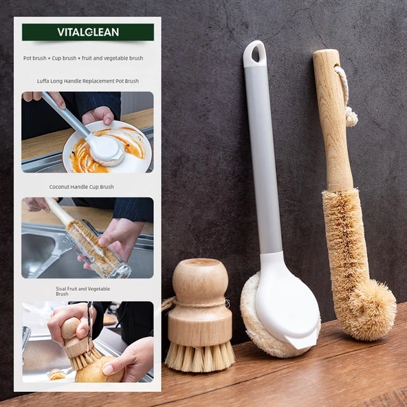 Doğal Luffa Mutfak Fırçası - 1 Sap 1 Başlık + Bardak ve Sebze Fırçası