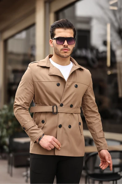Mero Life Erkek Taba Mevsimlik Astarlı Kemerli Kruvaze Trençkot