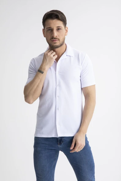 Mero Life Erkek Beyaz Slim Fit Yazlık Kısa Kol Apaş Yaka Pamuklu Kumaş Gömlek