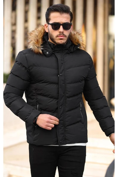 Mero Life Erkek Siyah Kapüşonlu Su Ve Rüzgar Geçirmez Şişme Mont - 2