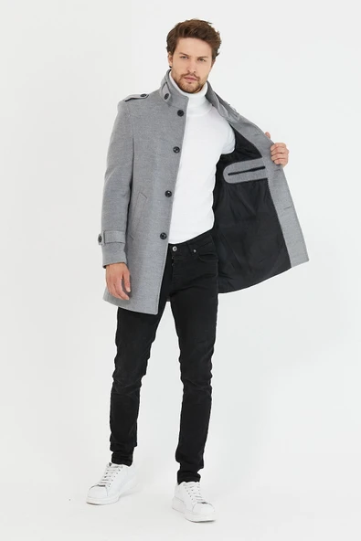 Mero Life Erkek Açık Gri Dar Kesim Dik Yaka Uzun Yün Karışımlı Kaşe Kaban - 2