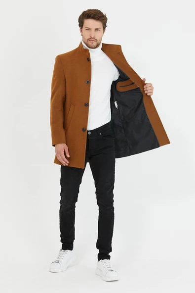 Mero Life Erkek Kiremit Dik Yaka Uzun Kaşe Kaban - 6