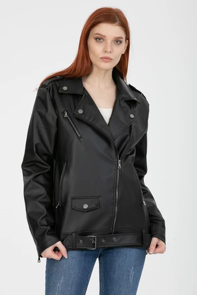 Mero Life Kadın Siyah Baharlık Oversize Içi Kürklü Kemerli Biker Deri Ceket - 3