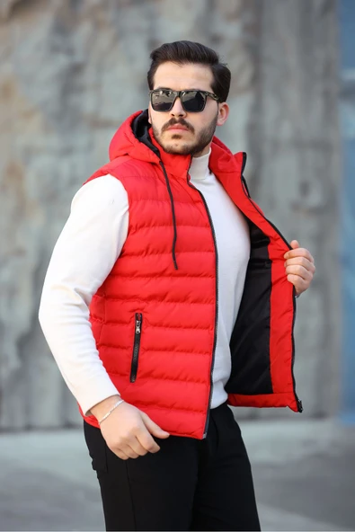 Mero Life Erkek Kırmızı Standart Fit Çıkarılır Kapüşonlu Cepli Fermuarlı Şişme Yelek - 3