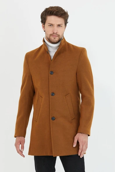 Mero Life Erkek Kiremit Dik Yaka Uzun Kaşe Kaban - 5