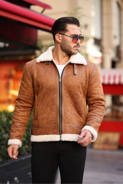 Mero Life Erkek Napa Deri Içi Full Kürklü Yüksek Kalite Slim Fit Taba Mont & Ceket