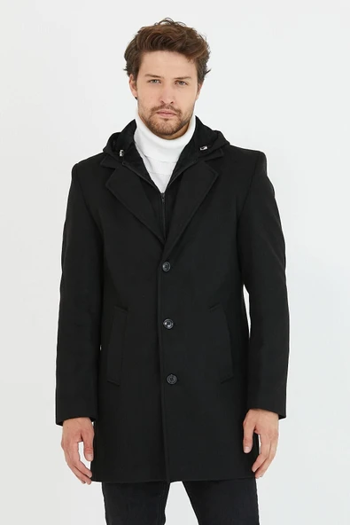 Mero Life Erkek Siyah Yün Karışımlı Kaşe Kapüşonlu Önü Fermuarlı Ve Düğmeli Uzun Kaban - 2