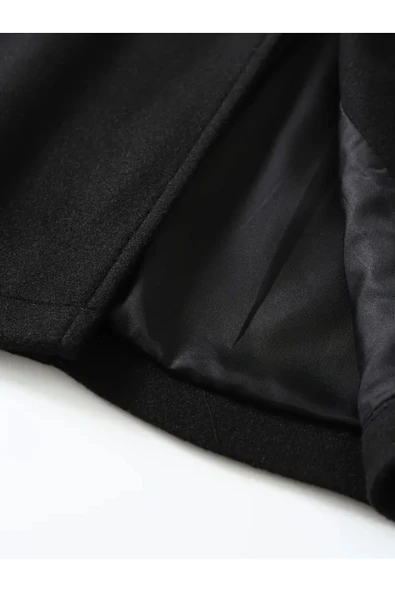 Mero Life Erkek Slim Fit Tek Yırtmaçlı Düğmeli Mono Yaka Siyah Kaşe Kaban - 3