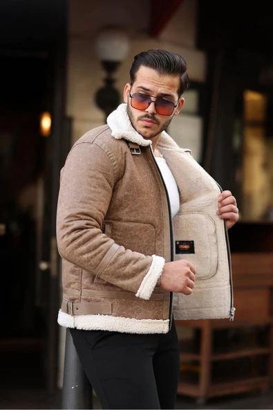 Mero Life Erkek Napa Deri Içi Full Kürklü Yüksek Kalite Slim Fit Krem Mont & Ceket - 3