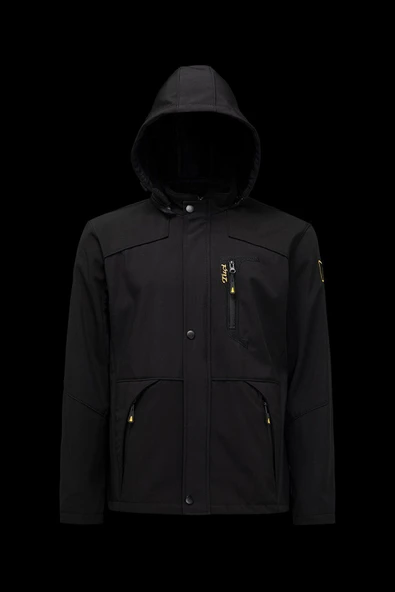 Mero Life Erkek Siyah Kapüşonlu Outdoor Su Ve Rüzgar Geçirmez Softshell Spor Mont