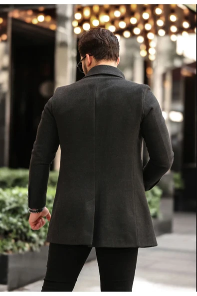 Mero Life Erkek Antrasit Dar Kesim Kaşe Gömlek Yaka Palto Kaban - 2