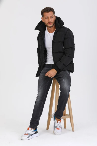 Mero Life Erkek Siyah Su Ve Rüzgar Geçirmez Kapüşonlu Dik Yaka Şişme Mont & Kaban