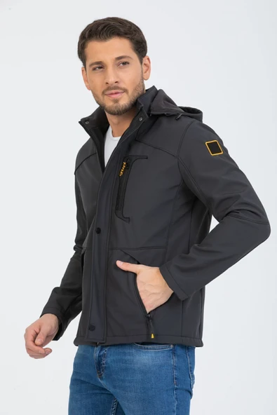 Mero Life Erkek Gri Kapüşonlu Su Ve Rüzgar Geçirmez Softshell Mont
