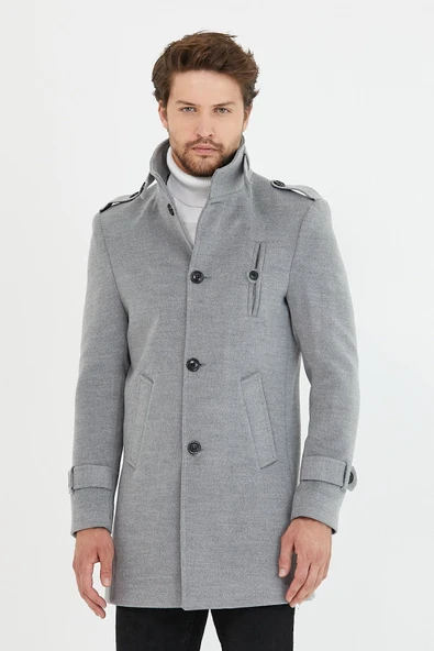 Mero Life Erkek Açık Gri Dar Kesim Dik Yaka Uzun Yün Karışımlı Kaşe Kaban