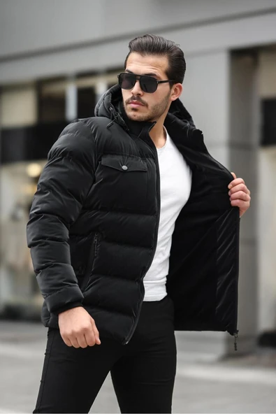 Mero Life Erkek Siyah Nova Kumaş Dar Kesim Kapüşonlu Şişme Karbon Deri Mont - 2