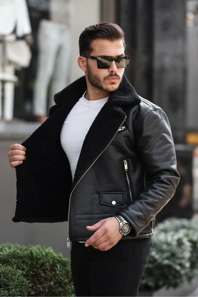 Mero Life Erkek Napa Deri Çapraz Fermuarlı İçi Full Kürklü Yüksek Kalite Slim Fit Siyah Mont & Ceket - 2