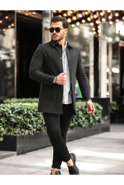 Mero Life Erkek Antrasit Dar Kesim Kaşe Gömlek Yaka Palto Kaban