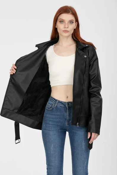 Mero Life Kadın Siyah Baharlık Oversize Içi Kürklü Kemerli Biker Deri Ceket - 6