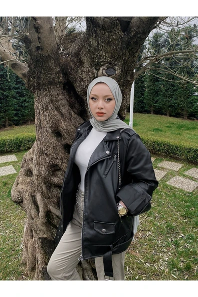 Mero Life Kadın Siyah Oversize Içi Kürklü Kemerli Biker Deri Ceket - 2