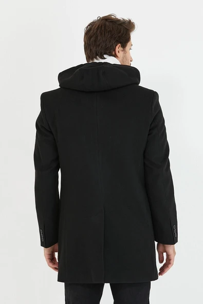 Mero Life Erkek Siyah Yün Karışımlı Kaşe Kapüşonlu Önü Fermuarlı Ve Düğmeli Uzun Kaban - 7