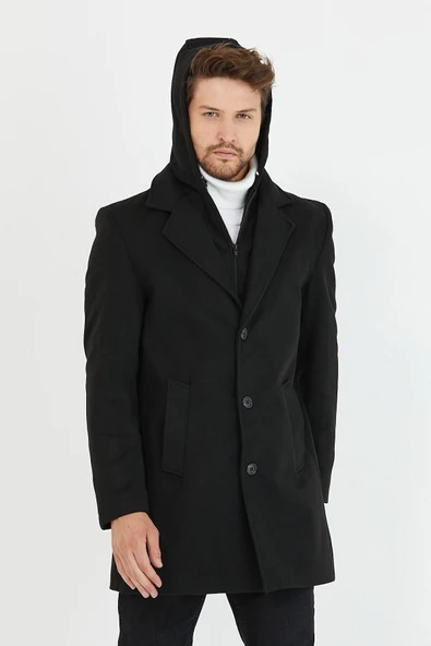 Mero Life Erkek Siyah Yün Karışımlı Kaşe Kapüşonlu Önü Fermuarlı Ve Düğmeli Uzun Kaban - 6