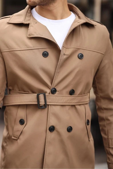 Mero Life Erkek Taba Mevsimlik Astarlı Kemerli Kruvaze Trençkot - 4