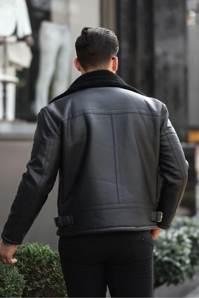 Mero Life Erkek Napa Deri Çapraz Fermuarlı İçi Full Kürklü Yüksek Kalite Slim Fit Siyah Mont & Ceket - 6