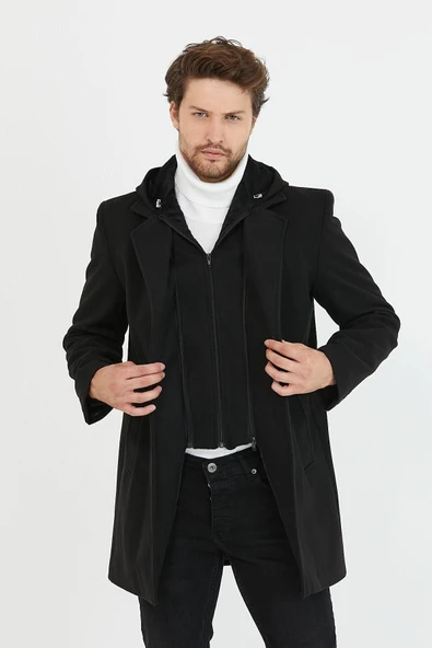 Mero Life Erkek Siyah Yün Karışımlı Kaşe Kapüşonlu Önü Fermuarlı Ve Düğmeli Uzun Kaban - 3