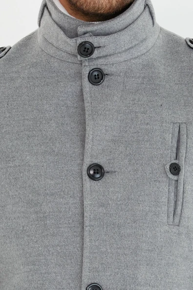 Mero Life Erkek Açık Gri Dar Kesim Dik Yaka Uzun Yün Karışımlı Kaşe Kaban - 6