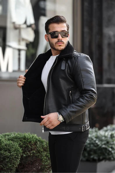 Mero Life Erkek Napa Deri Içi Full Kürklü Yüksek Kalite Slim Fit Siyah Mont & Ceket - 4