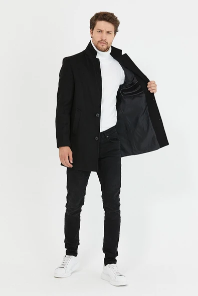 Mero Life Erkek Siyah Slim Fit Dik Yaka Yün Karışımlı Kaşe Kaban - 2