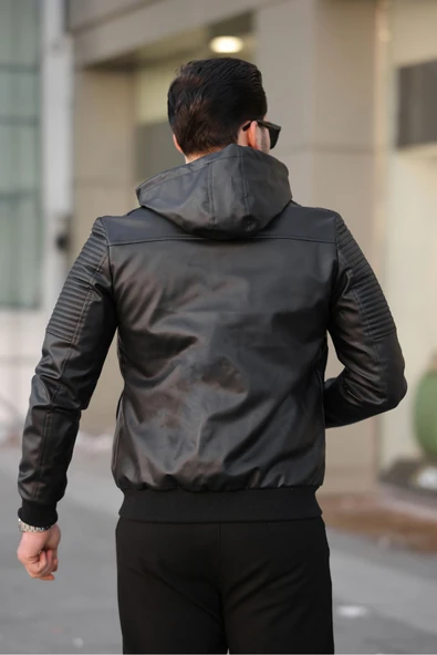 Mero Life Erkek Siyah Dar Kesim Kapüşonlu Bel Lastikli Ribanalı Deri Ceket & Mont - 5