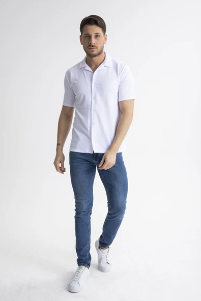 Mero Life Erkek Beyaz Slim Fit Yazlık Kısa Kol Apaş Yaka Pamuklu Kumaş Gömlek - 2