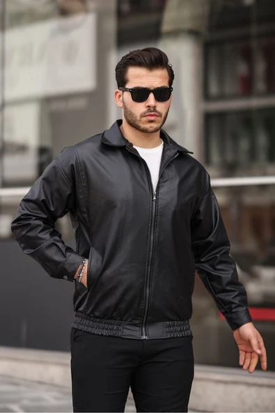 Mero Life Streetwear Siyah Oversize Rahat Kesim Bel Lastikli Deri Ceket - 2