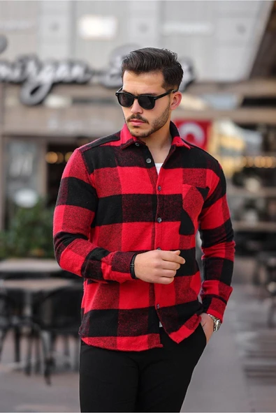 Mero Life Erkek Kırmızı-siyah Oversize Kareli Ekoseli Pamuklu Kalın Kumaş Oduncu Ceket Gömlek - 2