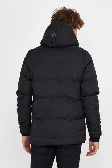 Mero Life Erkek Siyah Dar Kesim Içi Kürklü Kapüşonlu Dik Yaka Uzun Şişme Mont & Kaban - 7