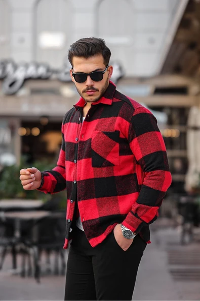 Mero Life Erkek Kırmızı-siyah Oversize Kareli Ekoseli Pamuklu Kalın Kumaş Oduncu Ceket Gömlek - 4