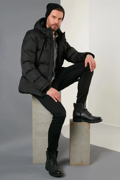 Mero Life Erkek Siyah Dar Kesim Içi Kürklü Kapüşonlu Dik Yaka Uzun Şişme Mont & Kaban - 2