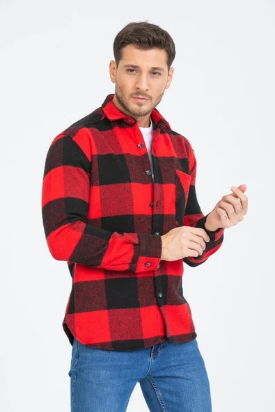 Mero Life Erkek Kırmızı-siyah Oversize Kareli Ekoseli Pamuklu Kalın Kumaş Oduncu Ceket Gömlek - 7