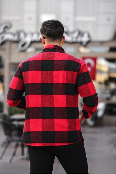 Mero Life Erkek Kırmızı-siyah Oversize Kareli Ekoseli Pamuklu Kalın Kumaş Oduncu Ceket Gömlek - 8