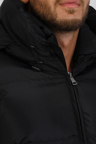 Mero Life Erkek Siyah Su Ve Rüzgar Geçirmez Kapüşonlu Dik Yaka Şişme Mont & Kaban - 6