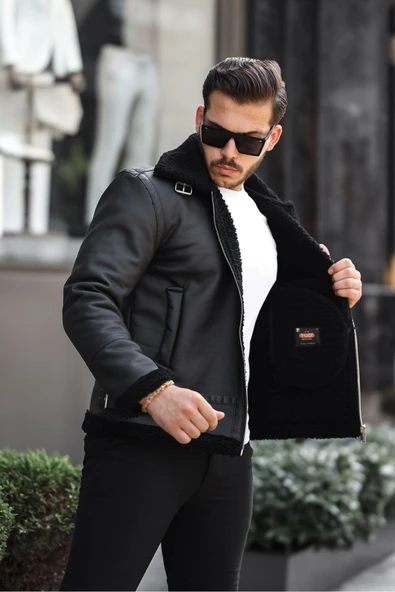 Mero Life Erkek Napa Deri Içi Full Kürklü Yüksek Kalite Slim Fit Siyah Mont & Ceket