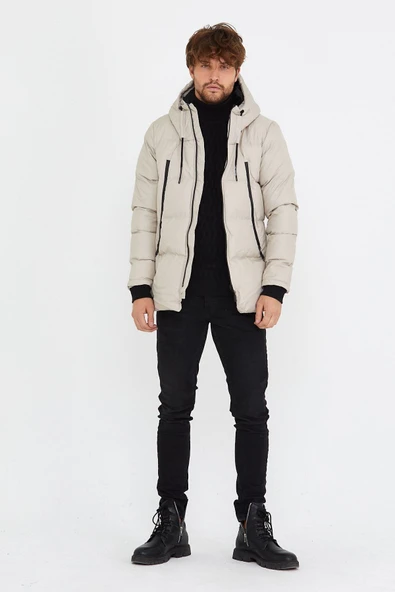 Mero Life Erkek Taş Dar Kesim Kapüşonlu Dik Yaka Şişme Kaban & Mont - 2