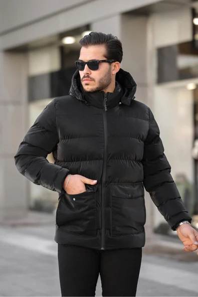 Mero Life Erkek Siyah Nova Kumaş Dar Kesim Kapüşonlu Şişme Karbon Deri Mont