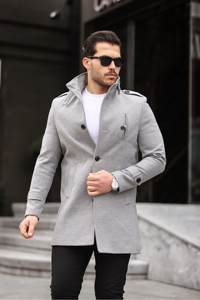 Mero Life Erkek Açık Gri Dar Kesim Dik Yaka Uzun Yün Karışımlı Kaşe Kaban - 4