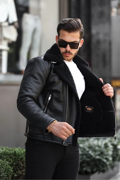 Mero Life Erkek Napa Deri Çapraz Fermuarlı İçi Full Kürklü Yüksek Kalite Slim Fit Siyah Mont & Ceket - 3