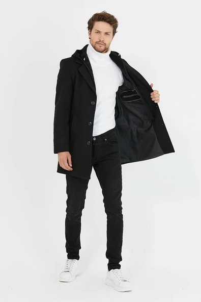 Mero Life Erkek Siyah Yün Karışımlı Kaşe Kapüşonlu Önü Fermuarlı Ve Düğmeli Uzun Kaban - 5