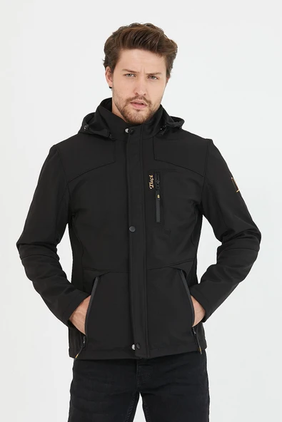 Mero Life Erkek Siyah Kapüşonlu Outdoor Su Ve Rüzgar Geçirmez Softshell Spor Mont - 2
