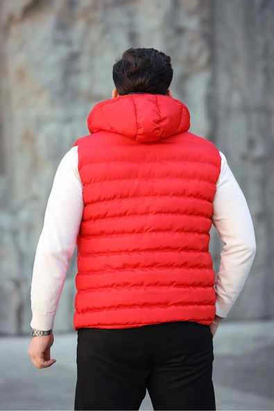 Mero Life Erkek Kırmızı Standart Fit Çıkarılır Kapüşonlu Cepli Fermuarlı Şişme Yelek - 4
